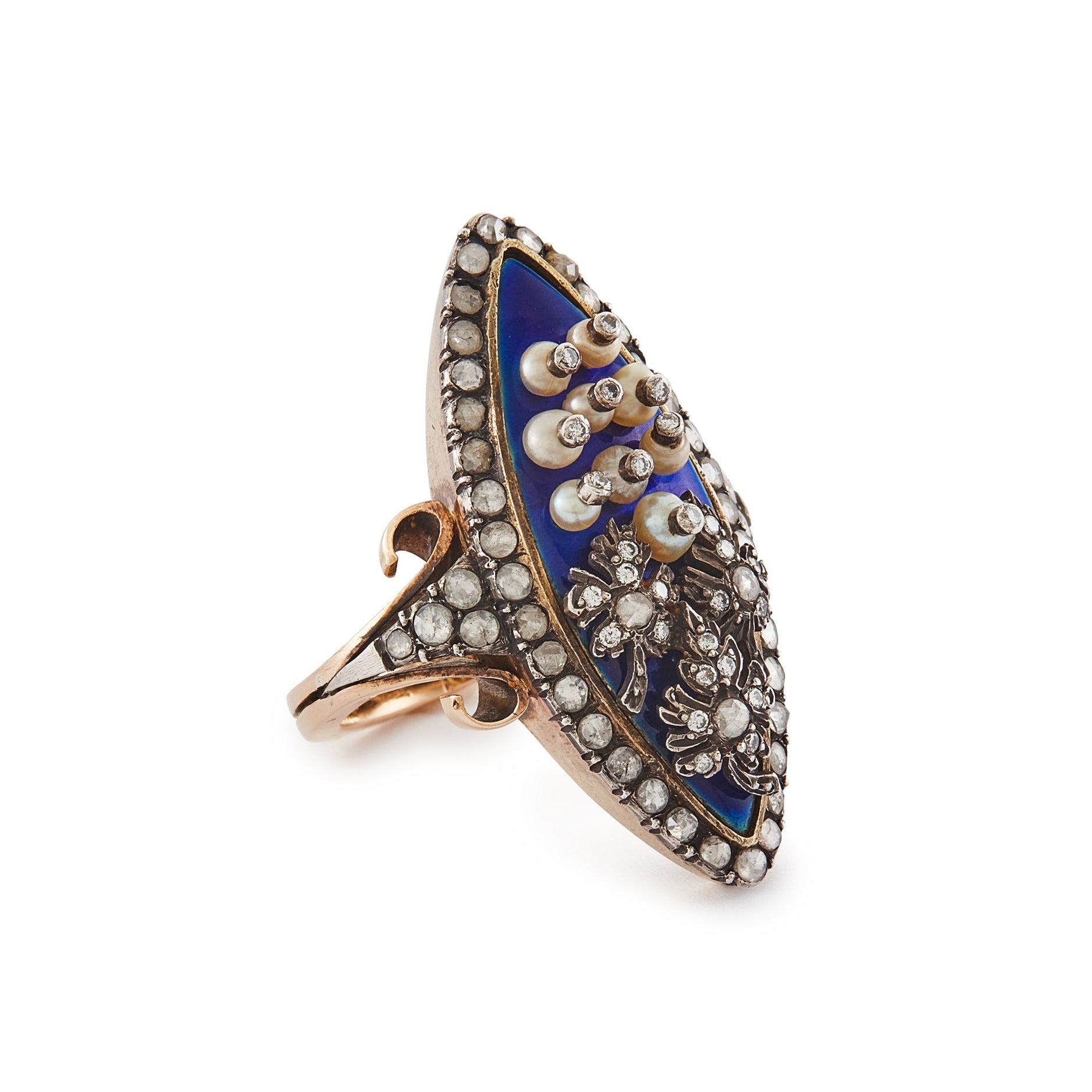 Magnificent and unusual Victorian marquise-shaped 18ct rose gold and silver blue enamel ring. The ring is accented with nine riveted pearls topped with diamonds and three riveted diamond-encrusted leaves. The piece also has rough-cut diamonds around the rim and shoulders. A real statement piece!