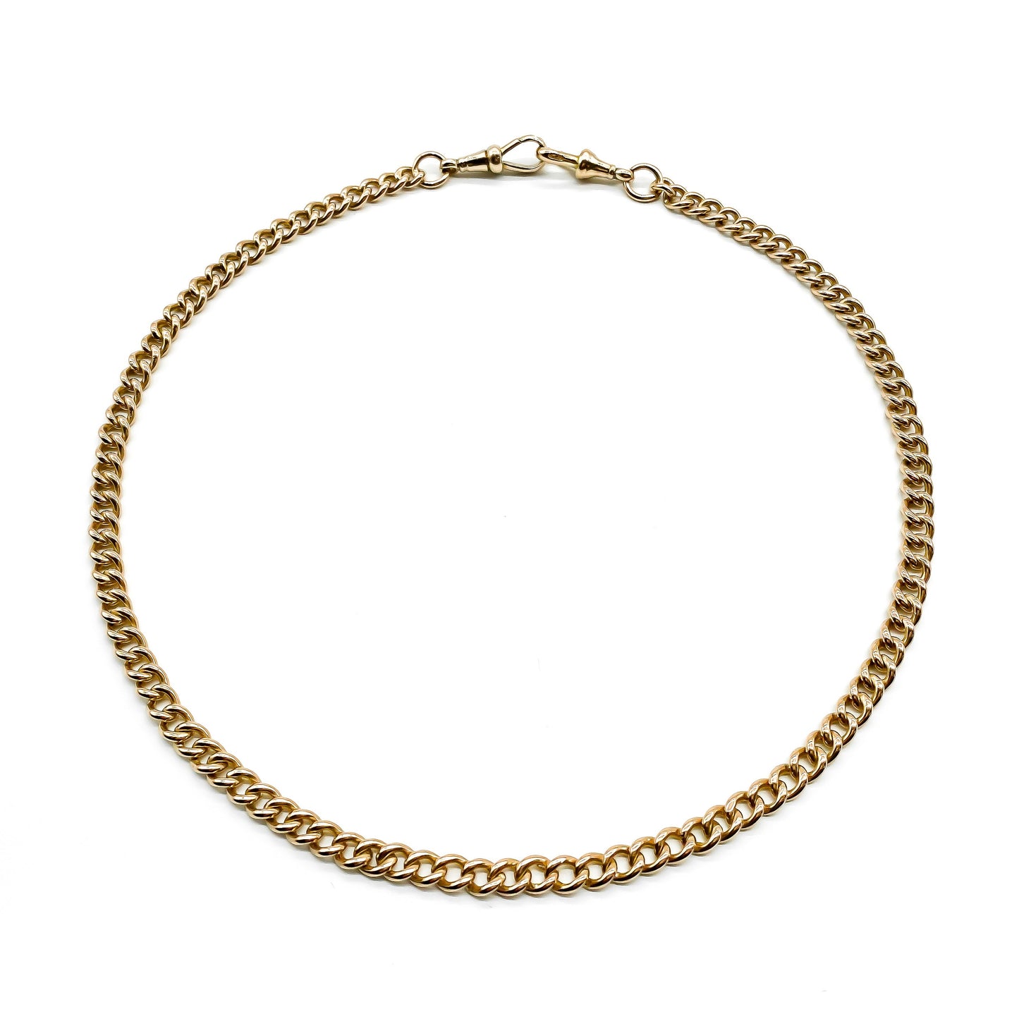 Classic Victorian 9ct rose gold curb-link chain with two dog-clips. Every link is stamped.