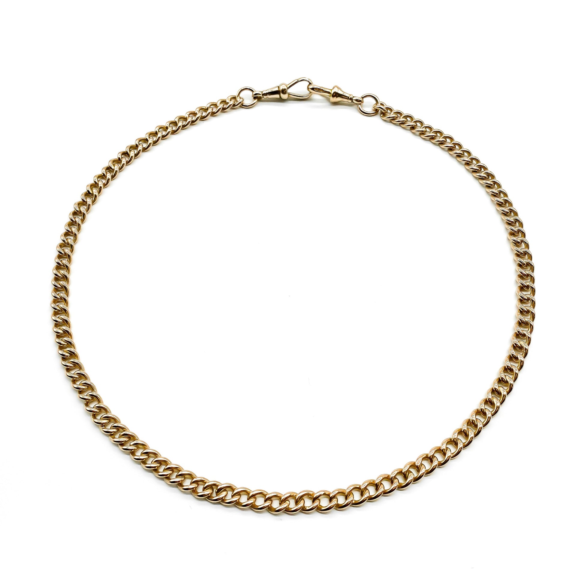 Classic Victorian 9ct rose gold curb-link chain with two dog-clips. Every link is stamped.