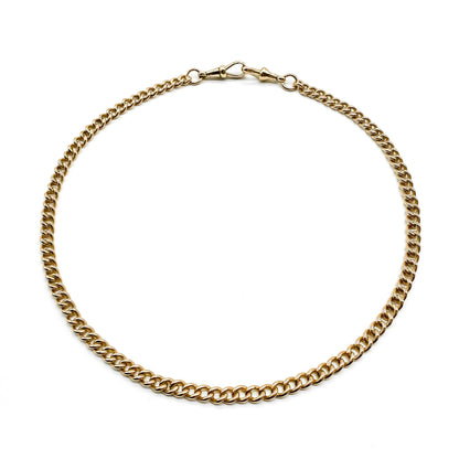 Classic Victorian 9ct rose gold curb-link chain with two dog-clips. Every link is stamped.