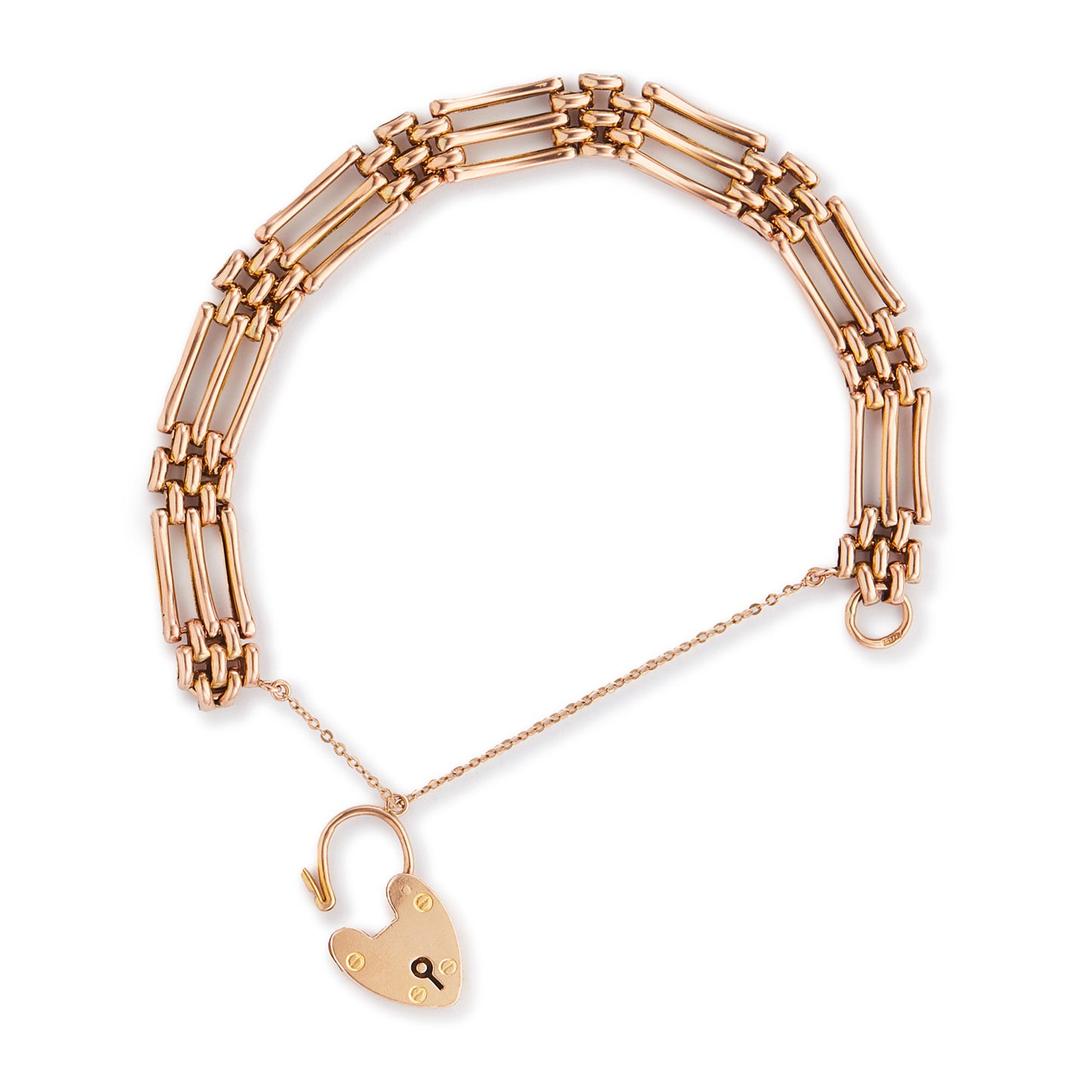 Stylish Victorian 9ct rose gold gateleg bracelet with a padlock and safety chain. Fine engraving on one side.