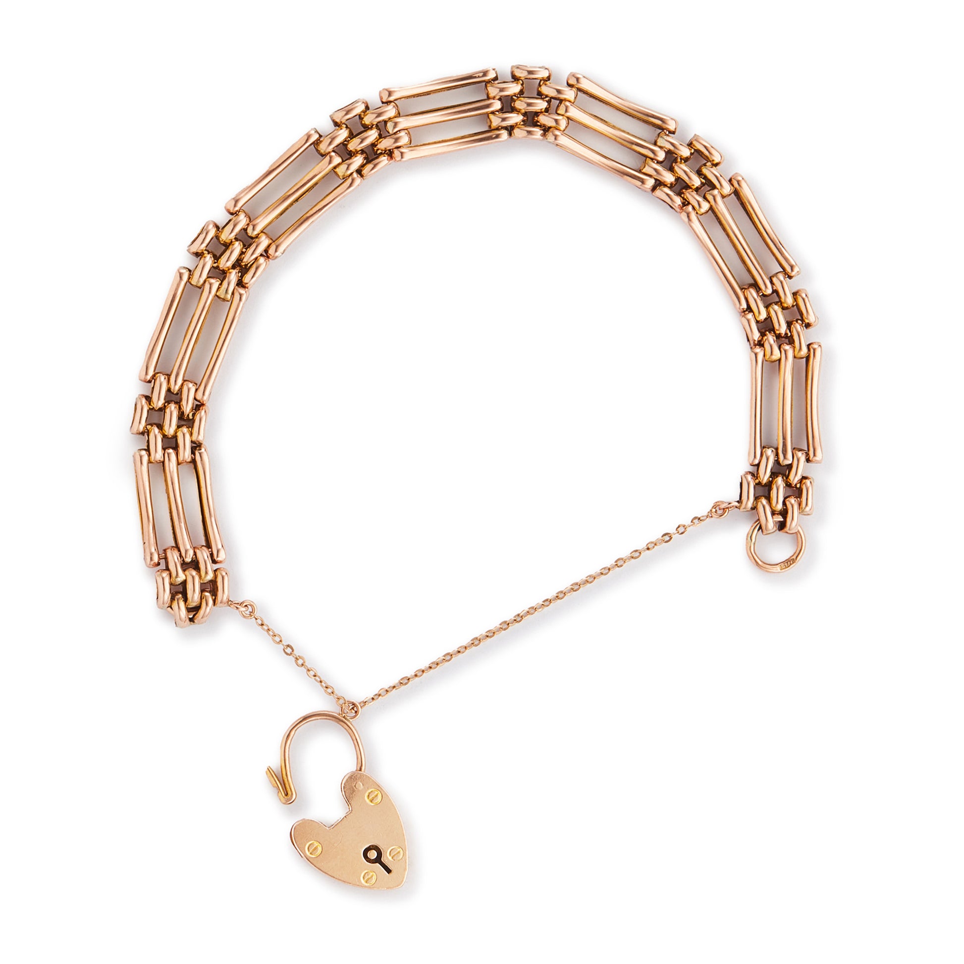 Stylish Victorian 9ct rose gold gateleg bracelet with a padlock and safety chain. Fine engraving on one side.