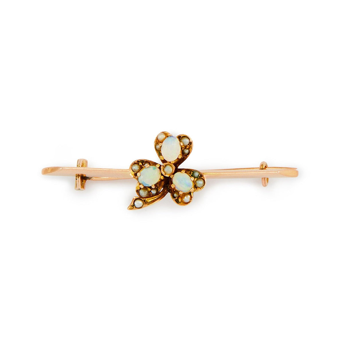 Quaint Victorian 9ct rose gold brooch with opal cabochons and seed pearls in the shape of a three leaf clover.