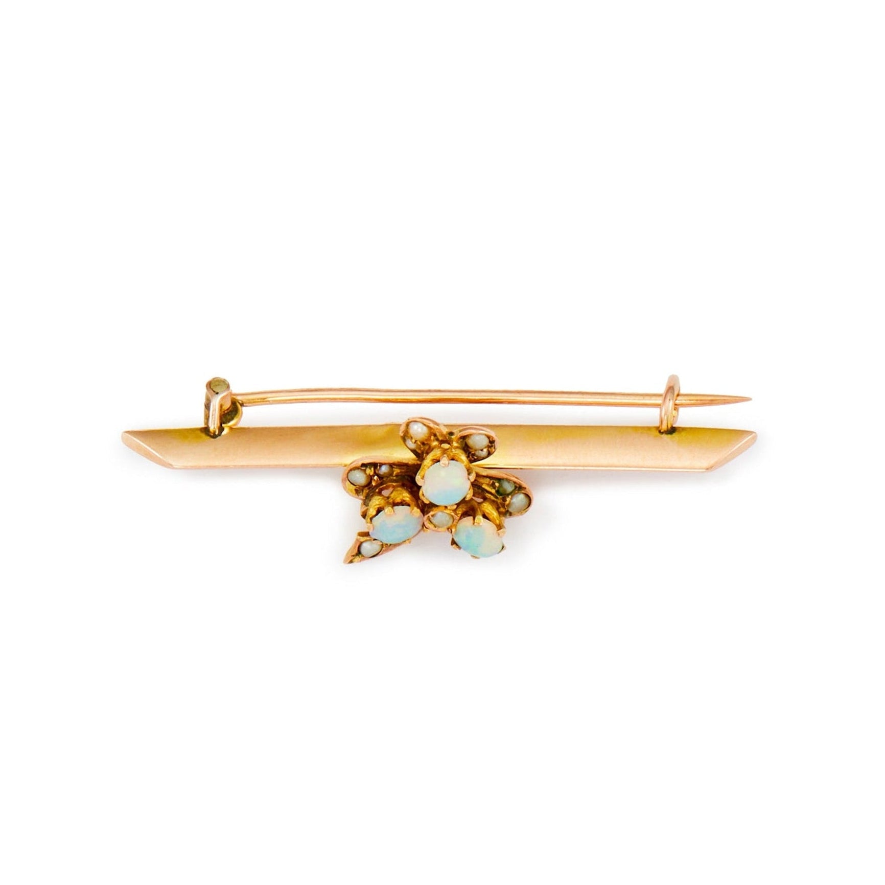 Quaint Victorian 9ct rose gold brooch with opal cabochons and seed pearls in the shape of a three leaf clover.