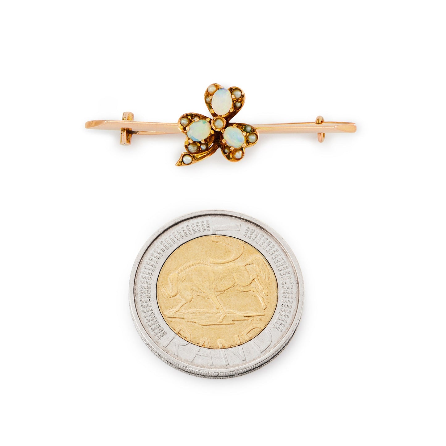 Quaint Victorian 9ct rose gold brooch with opal cabochons and seed pearls in the shape of a three leaf clover.