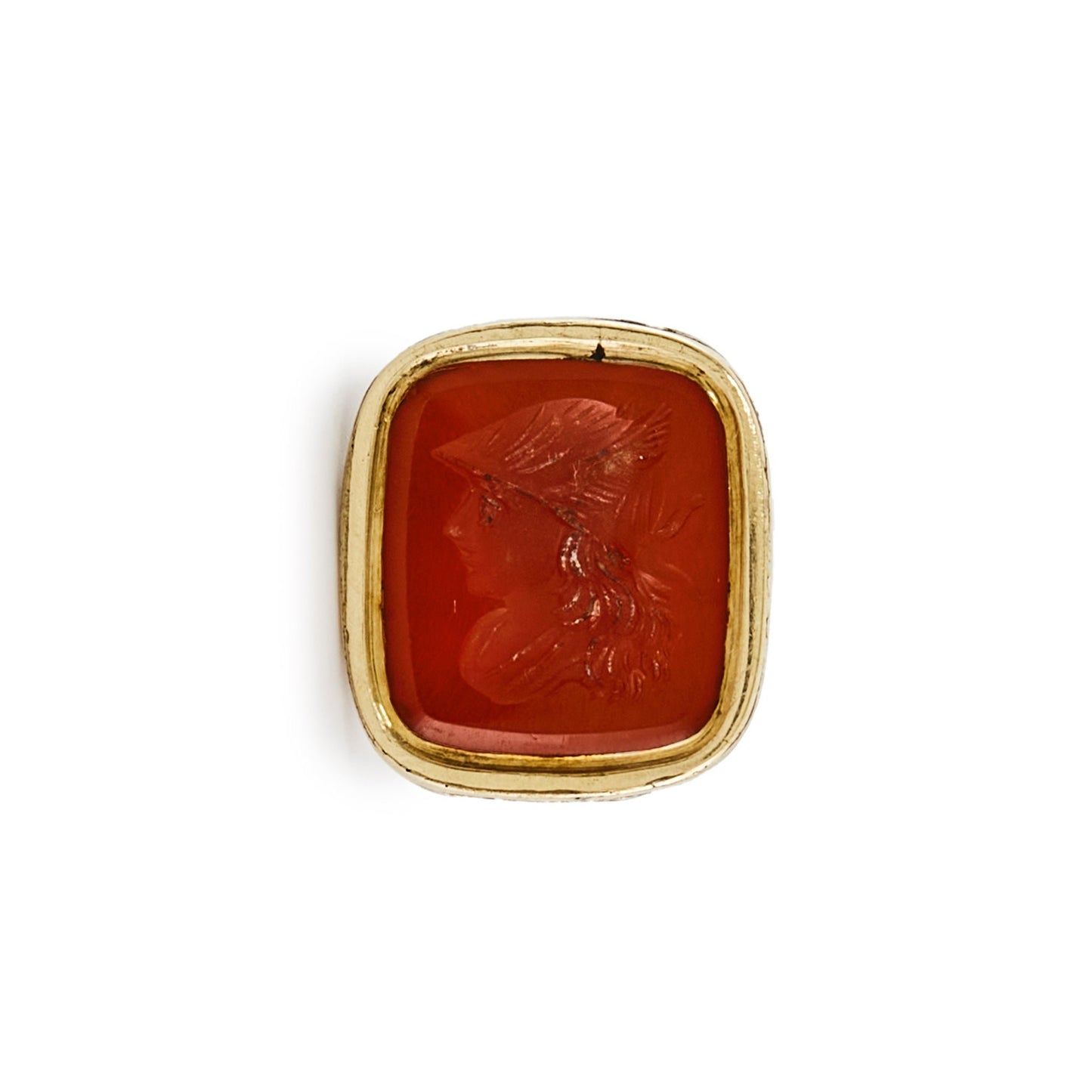 Charming Victorian gold cased seal set with a carnelian intaglio depicting the face of a warrior.