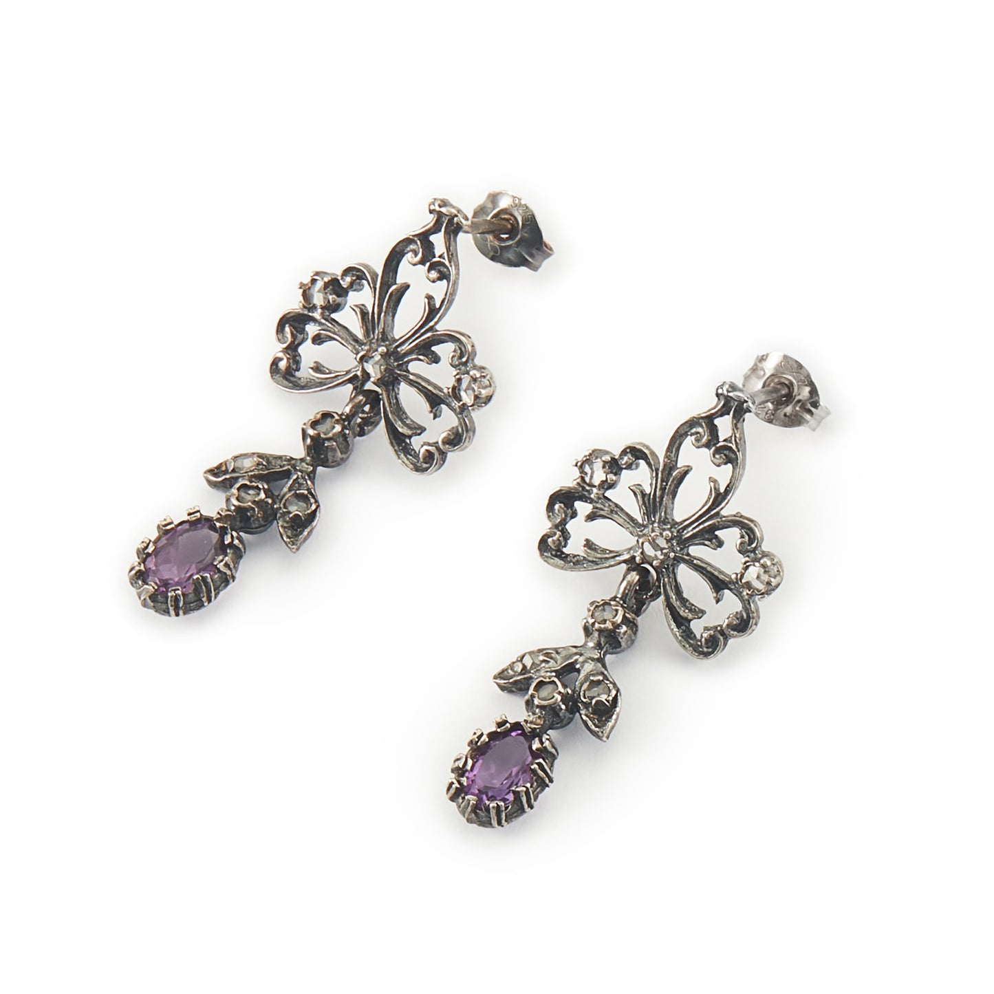 Exquisite Victorian oxidised silver drop earrings, each set with seven diamond chips and an oval amethyst stone.