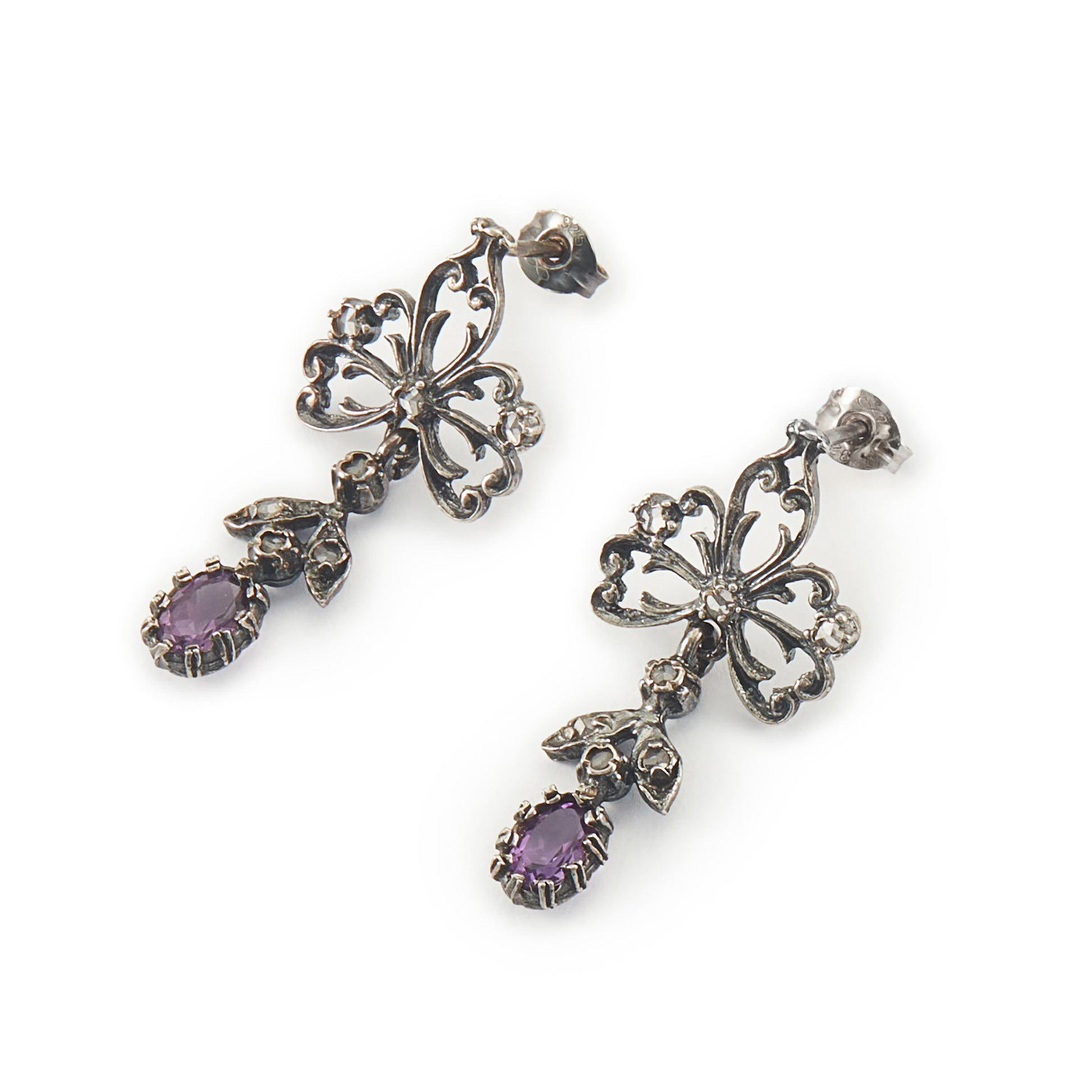 Exquisite Victorian oxidised silver drop earrings, each set with seven diamond chips and an oval amethyst stone.