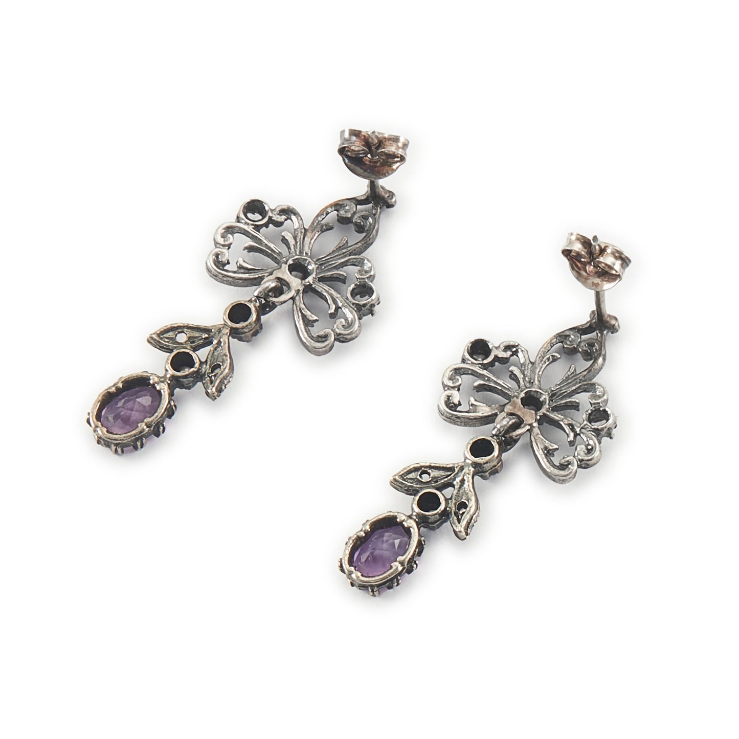Exquisite Victorian oxidised silver drop earrings, each set with seven diamond chips and an oval amethyst stone.