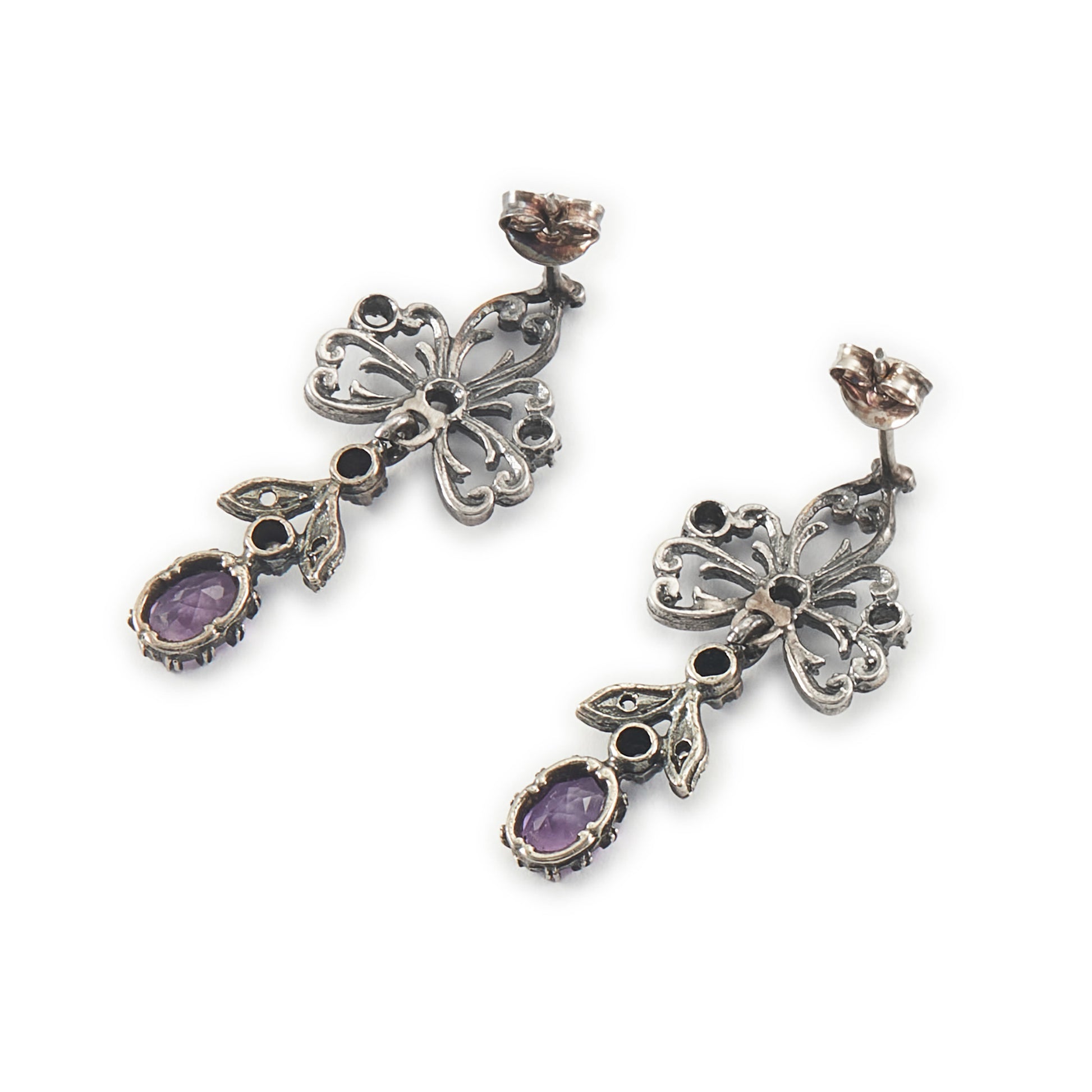 Exquisite Victorian oxidised silver drop earrings, each set with seven diamond chips and an oval amethyst stone.