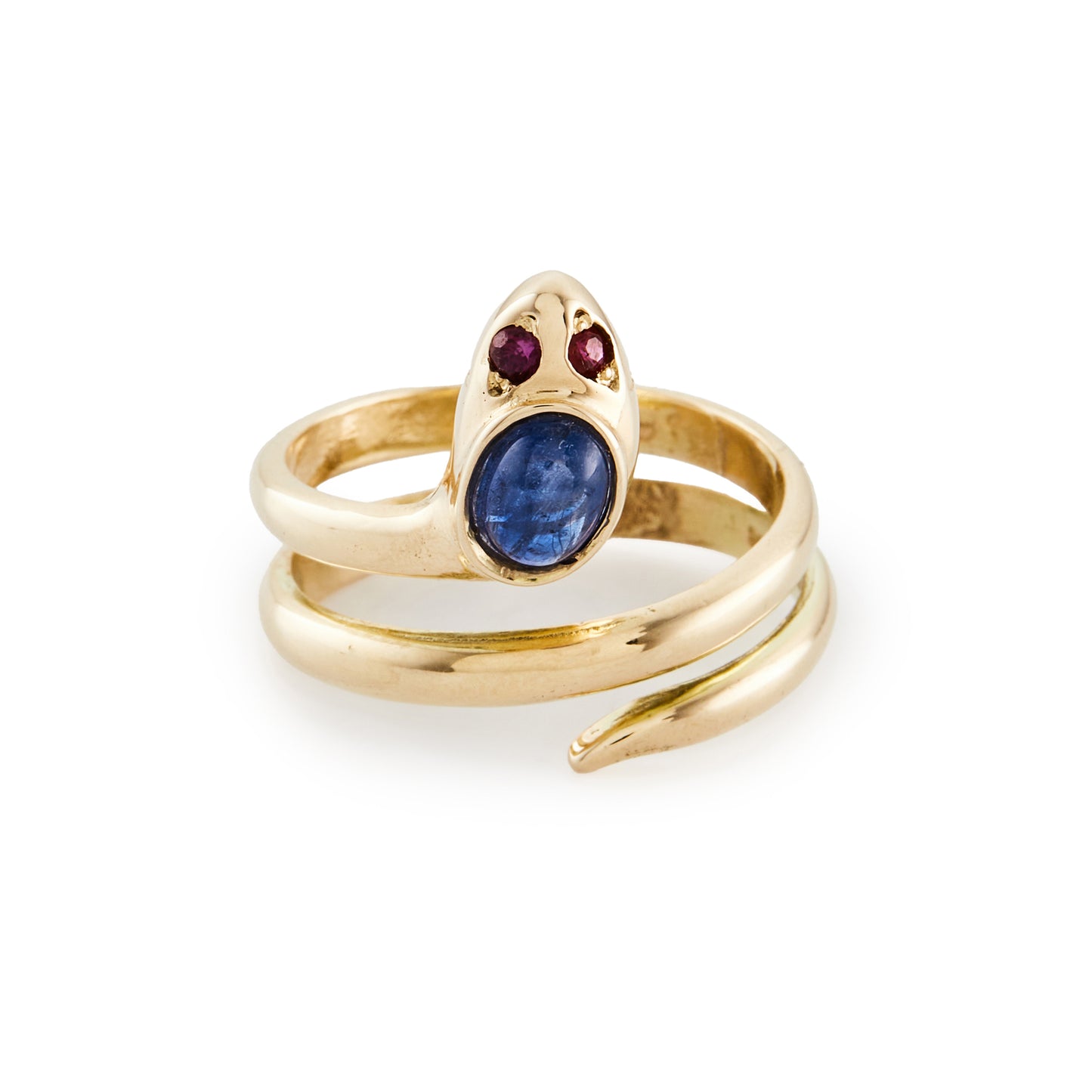 Charming vintage 12ct gold serpent ring, with a cabochon sapphire head and ruby eyes.