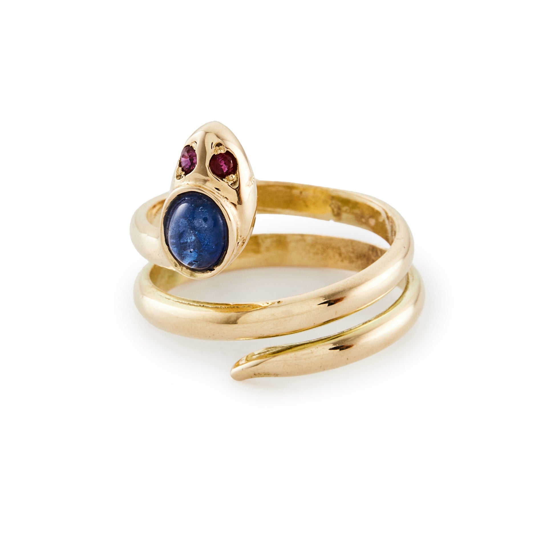 Charming vintage 12ct gold serpent ring, with a cabochon sapphire head and ruby eyes.