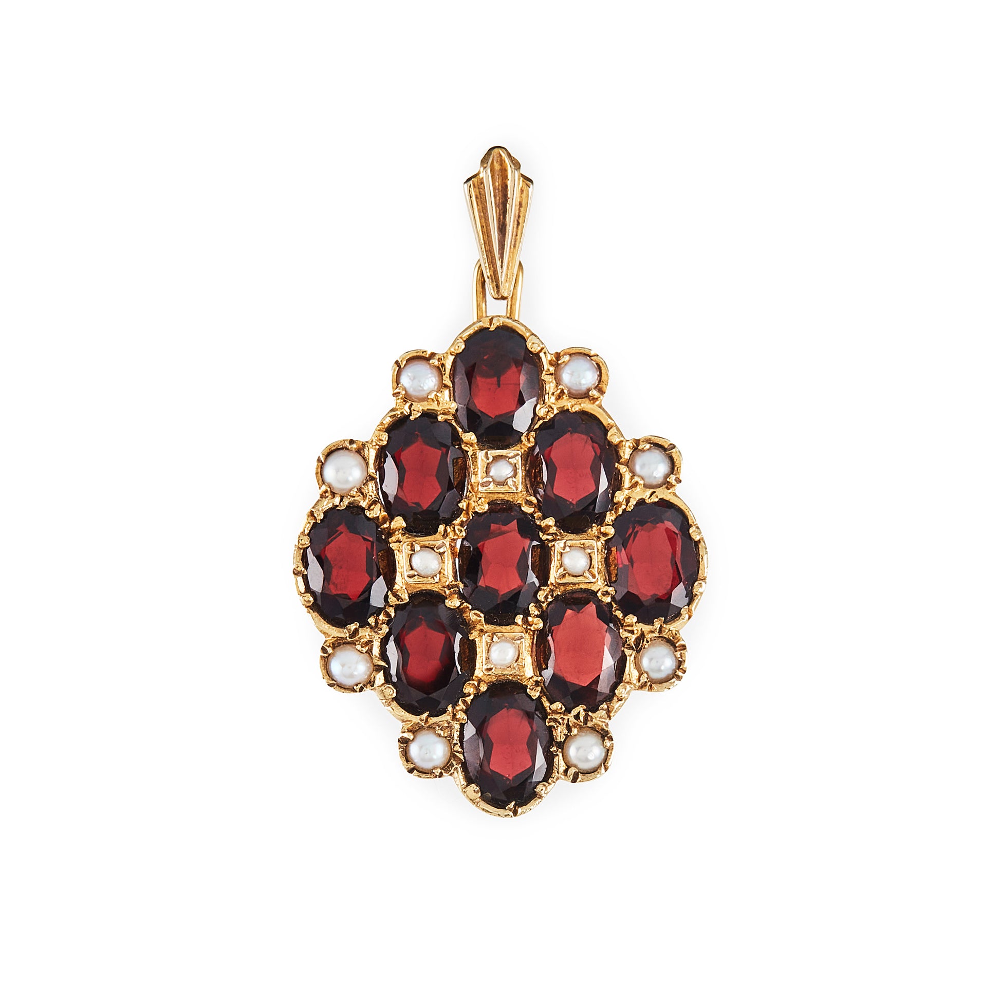 Gorgeous vintage 14ct yellow gold pendant set with nine beautifully faceted garnets and twelve seed pearls.