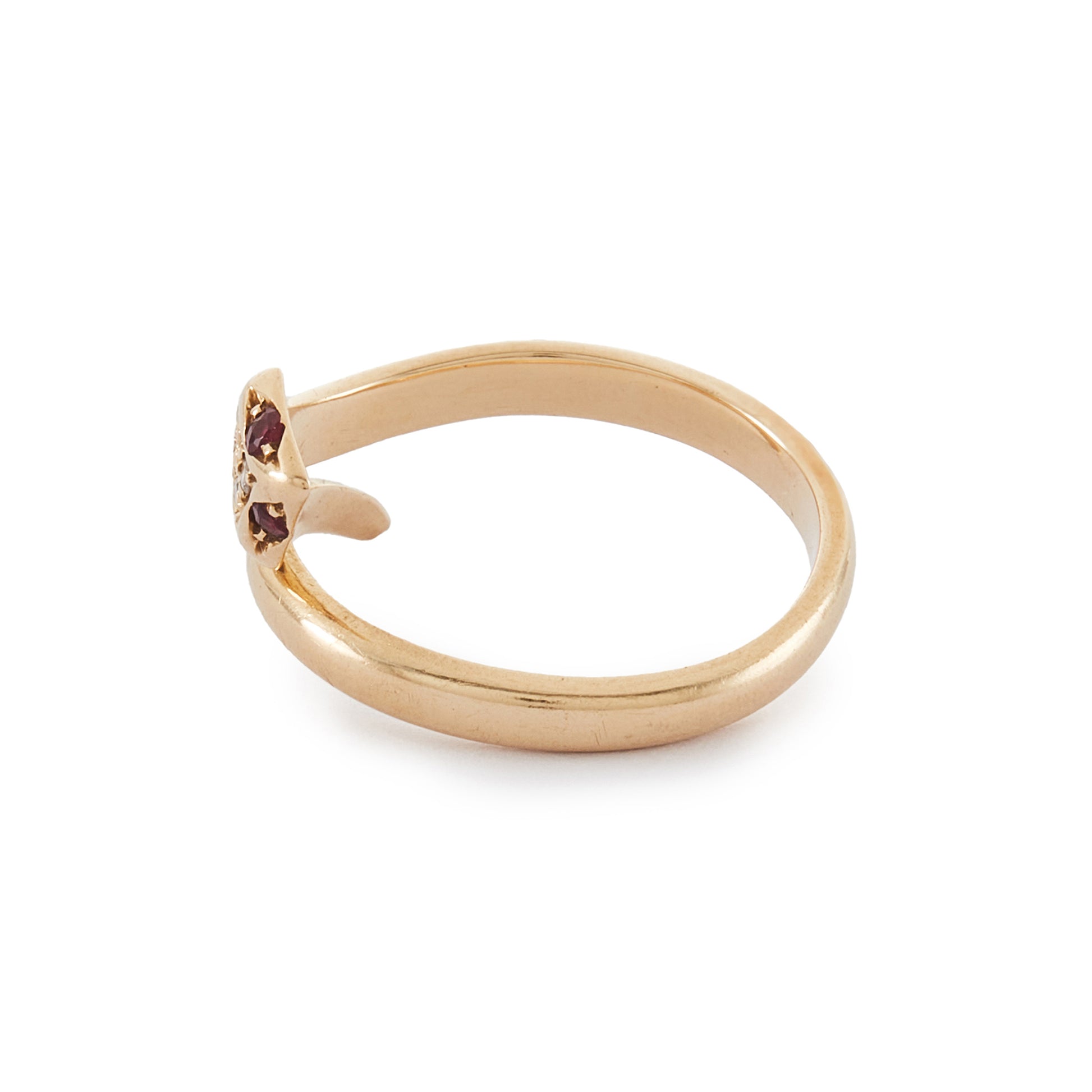 Gorgeous vintage 18ct gold serpent ring set with four diamonds in the head and ruby eyes. The ring is open, so the ring size is easily adjustable. Italy