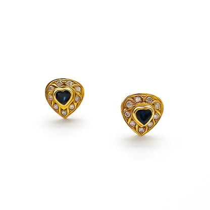 Stunning vintage 18ct gold heart stud earrings, each set with a heart-shaped sapphire surrounded by diamonds.