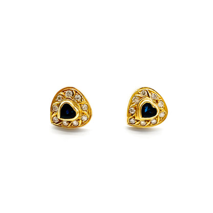 Stunning vintage 18ct gold heart stud earrings, each set with a heart-shaped sapphire surrounded by diamonds.