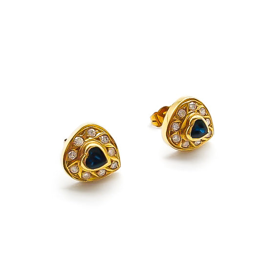 Stunning vintage 18ct gold heart stud earrings, each set with a heart-shaped sapphire surrounded by diamonds.