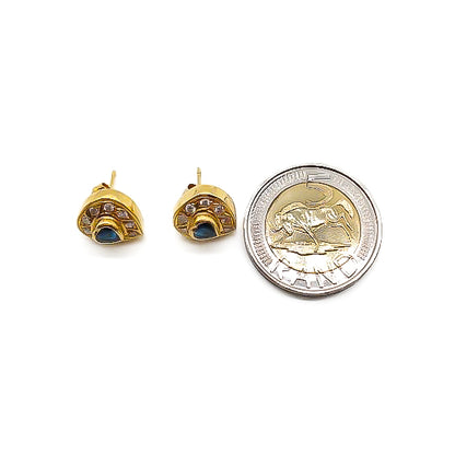 Stunning vintage 18ct gold heart stud earrings, each set with a heart-shaped sapphire surrounded by diamonds.