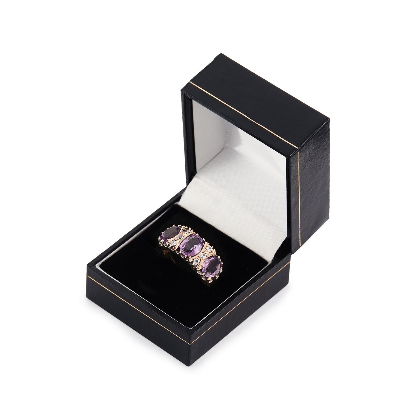 9ct Rose gold trilogy ring set with three beautifully faceted purple amethysts, interspersed with small, white, round-cut spinels.