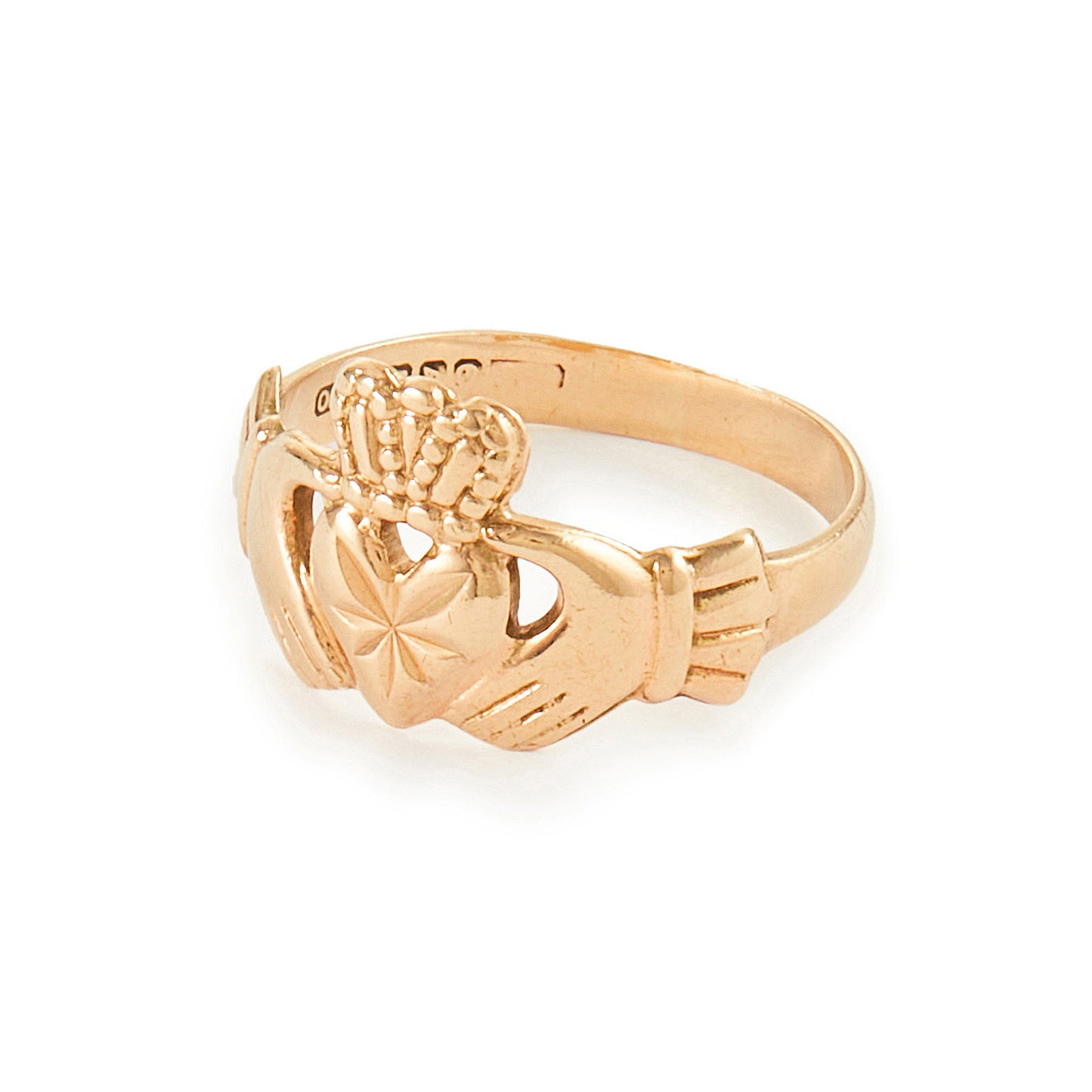 Quaint vintage 9ct gold claddagh ring. Ideal to be worn as a pinky ring. Made in Ireland.