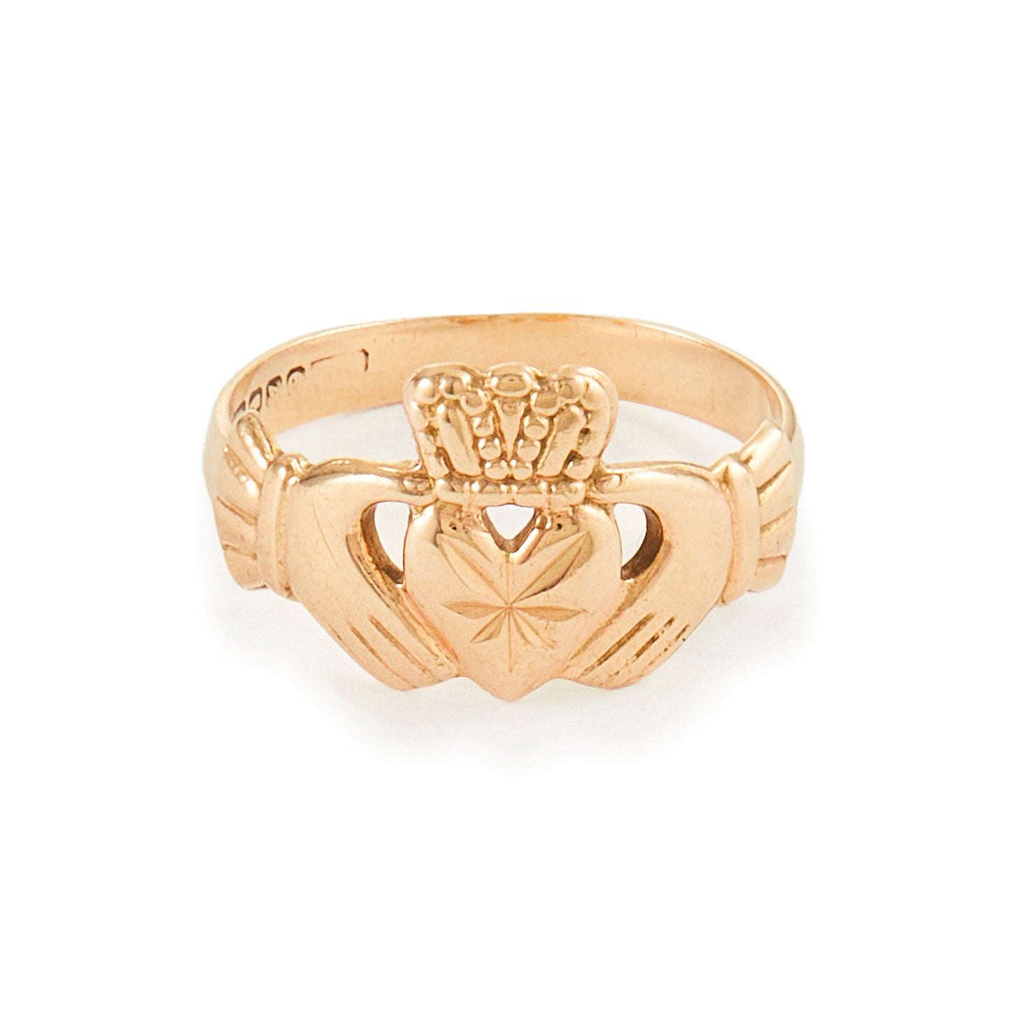 Quaint vintage 9ct gold claddagh ring. Ideal to be worn as a pinky ring. Made in Ireland.