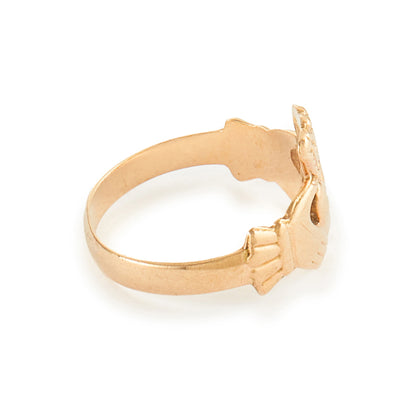Quaint vintage 9ct gold claddagh ring. Ideal to be worn as a pinky ring. Made in Ireland.