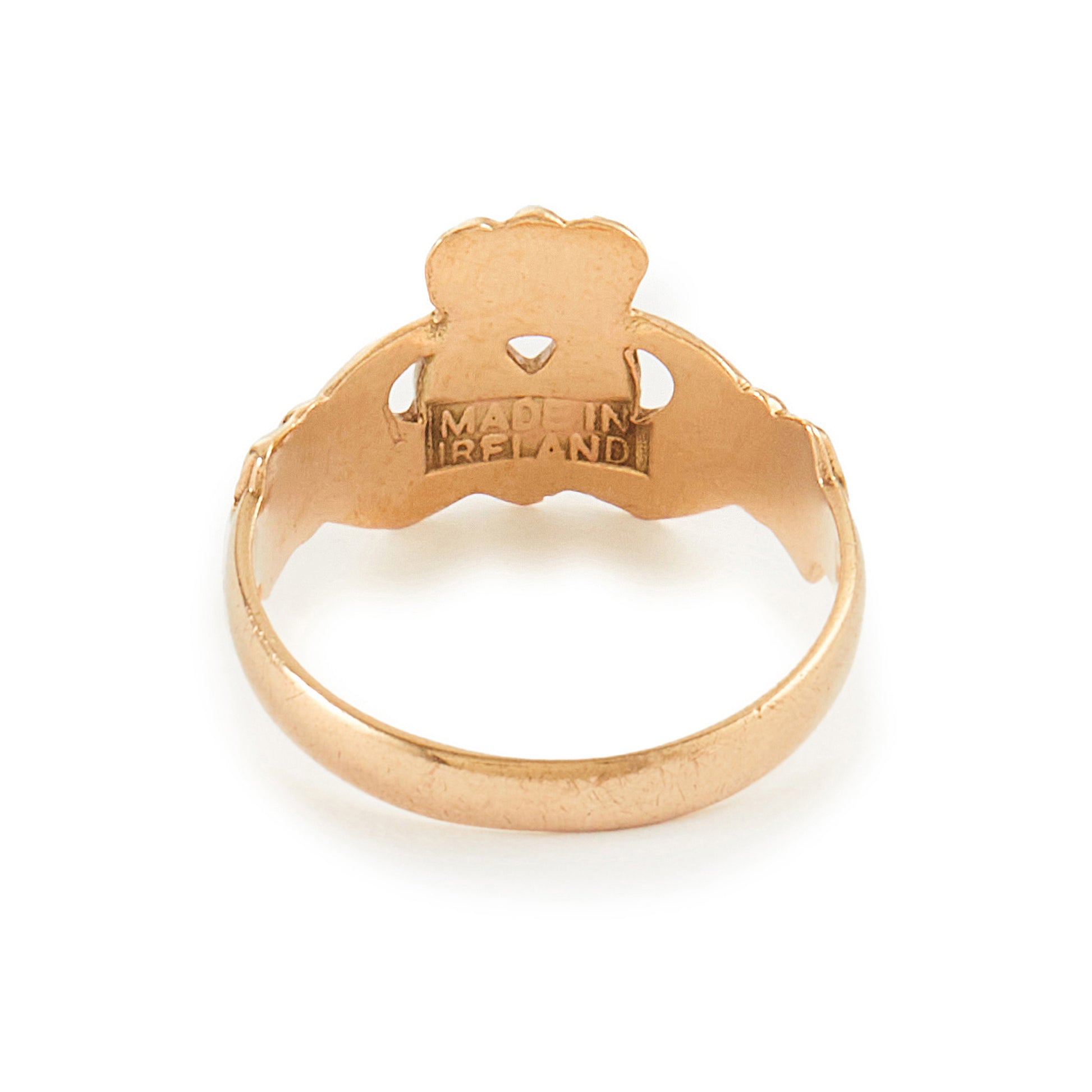 Quaint vintage 9ct gold claddagh ring. Ideal to be worn as a pinky ring. Made in Ireland.