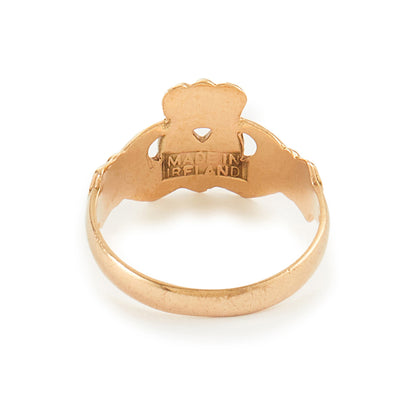 Quaint vintage 9ct gold claddagh ring. Ideal to be worn as a pinky ring. Made in Ireland.