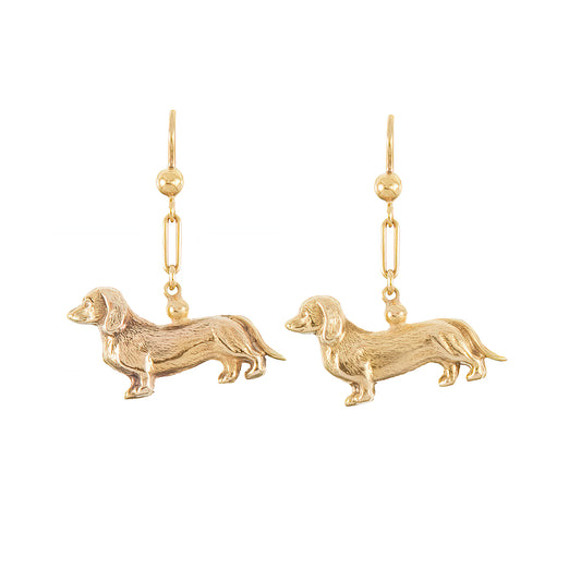 Adorable vintage 9ct yellow gold earrings consisting of two dangling sausage dogs with intricate detail.