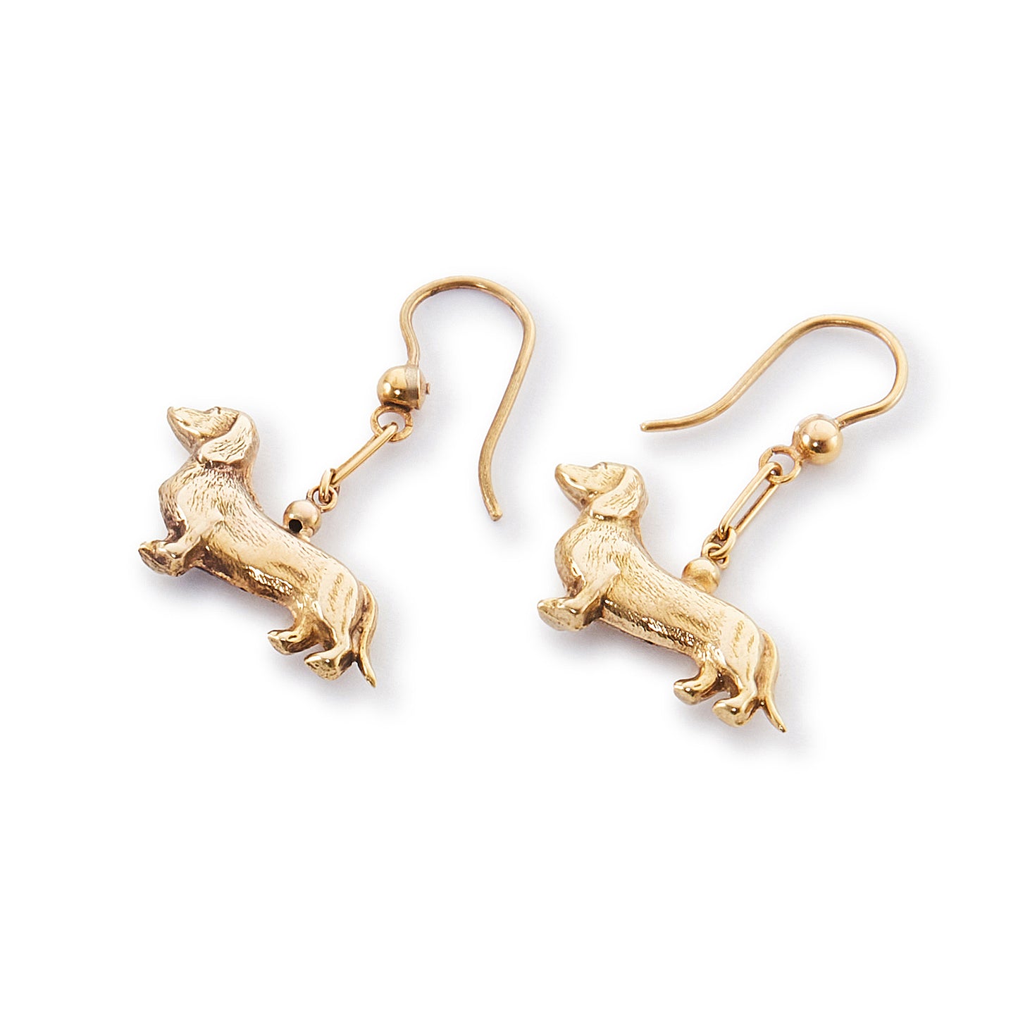 Adorable vintage 9ct yellow gold earrings consisting of two dangling sausage dogs with intricate detail.