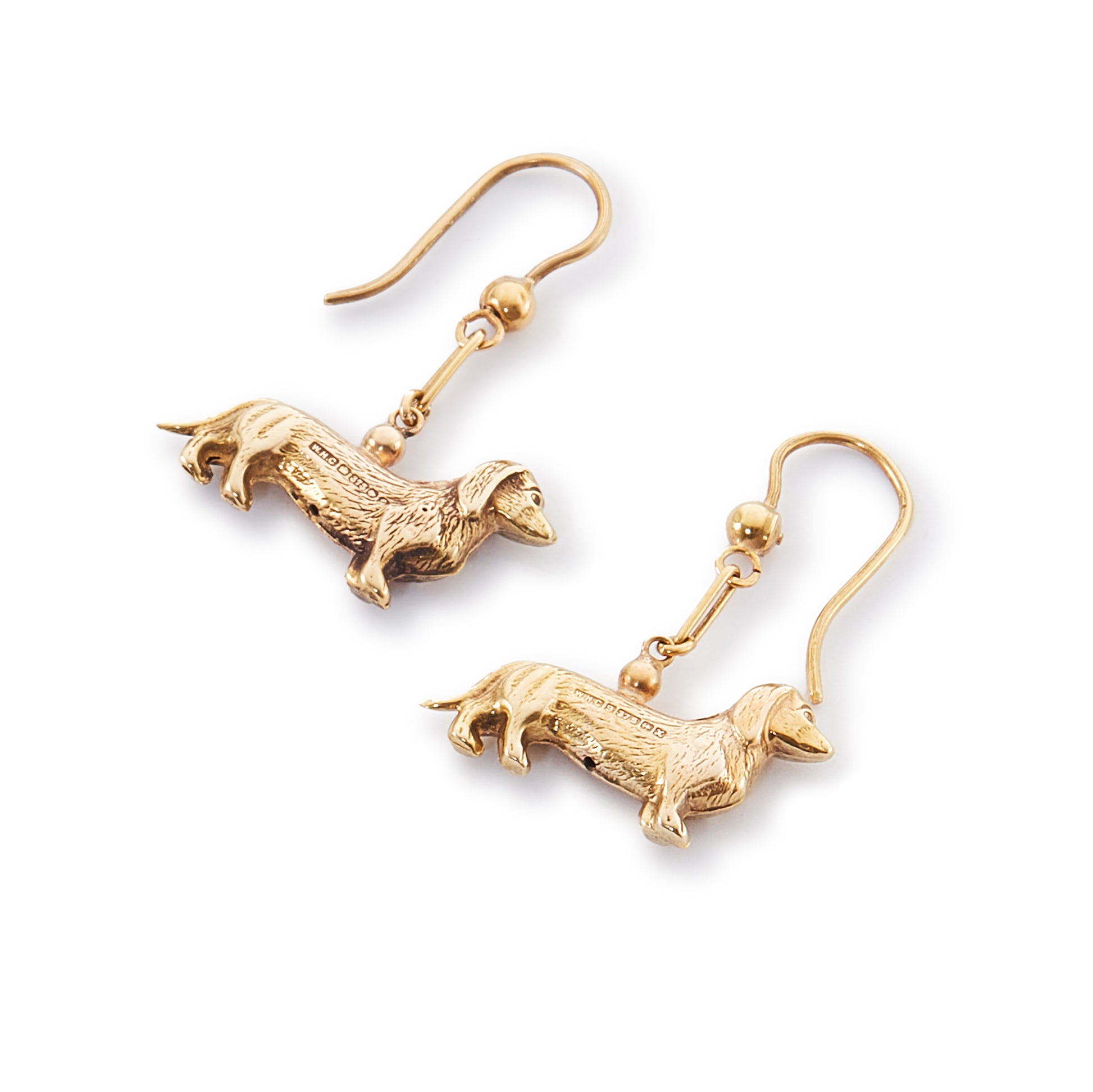 Adorable vintage 9ct yellow gold earrings consisting of two dangling sausage dogs with intricate detail.