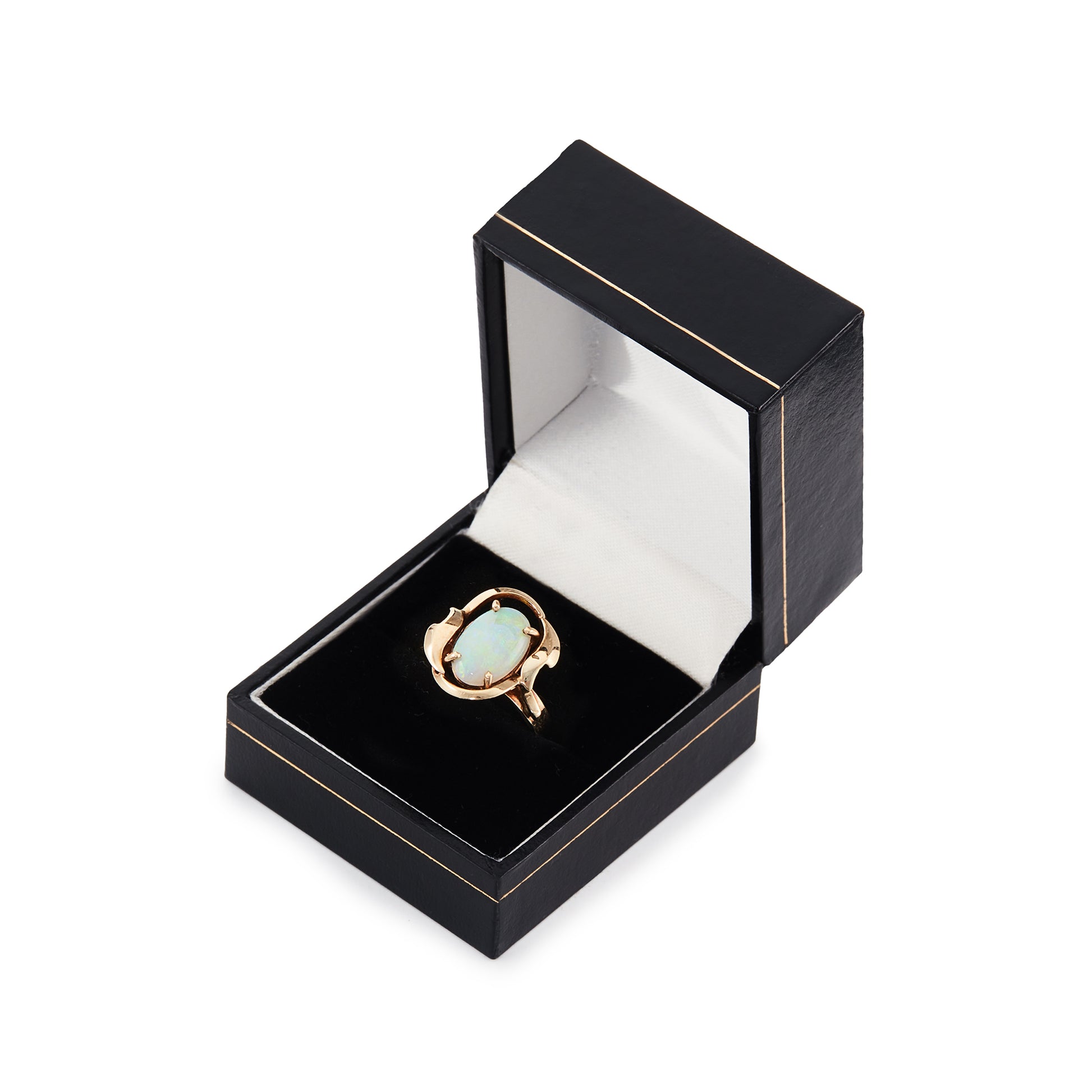 Lovely vintage 9ct gold ring set with a luminous fire opal that exudes vibrant hues of green, blue and orange.