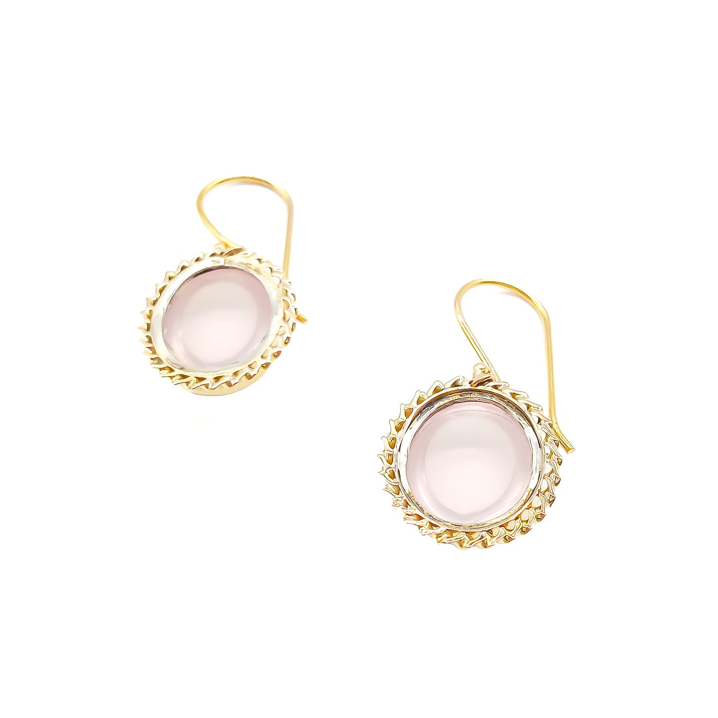 Lovely vintage 9ct yellow gold earrings, each set with a light pink cabochon rose quartz stone. 