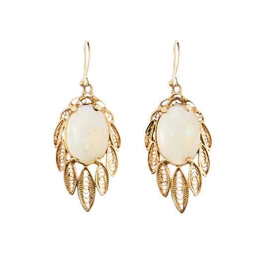 Gorgeous 9ct rose gold drop earrings, each set with a cabochon oval opal, surrounded with filigree detail.