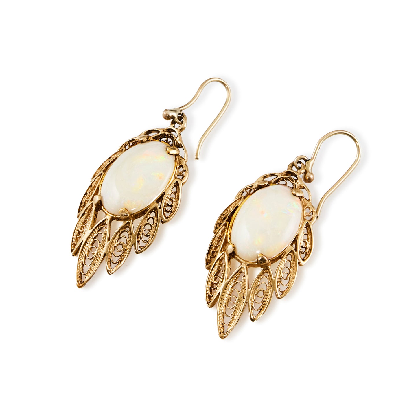 Gorgeous 9ct rose gold drop earrings, each set with a cabochon oval opal, surrounded with filigree detail.