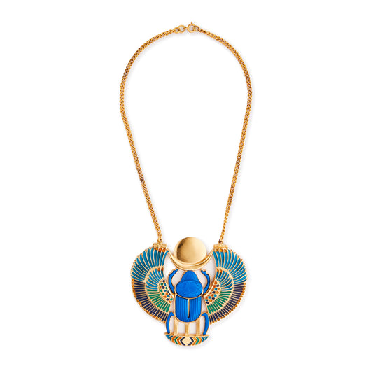 Unusual vintage Egyptian Revival necklace set with a large resin scarab that has colourful enamel detail on the wings. Gold-plated on base metal.