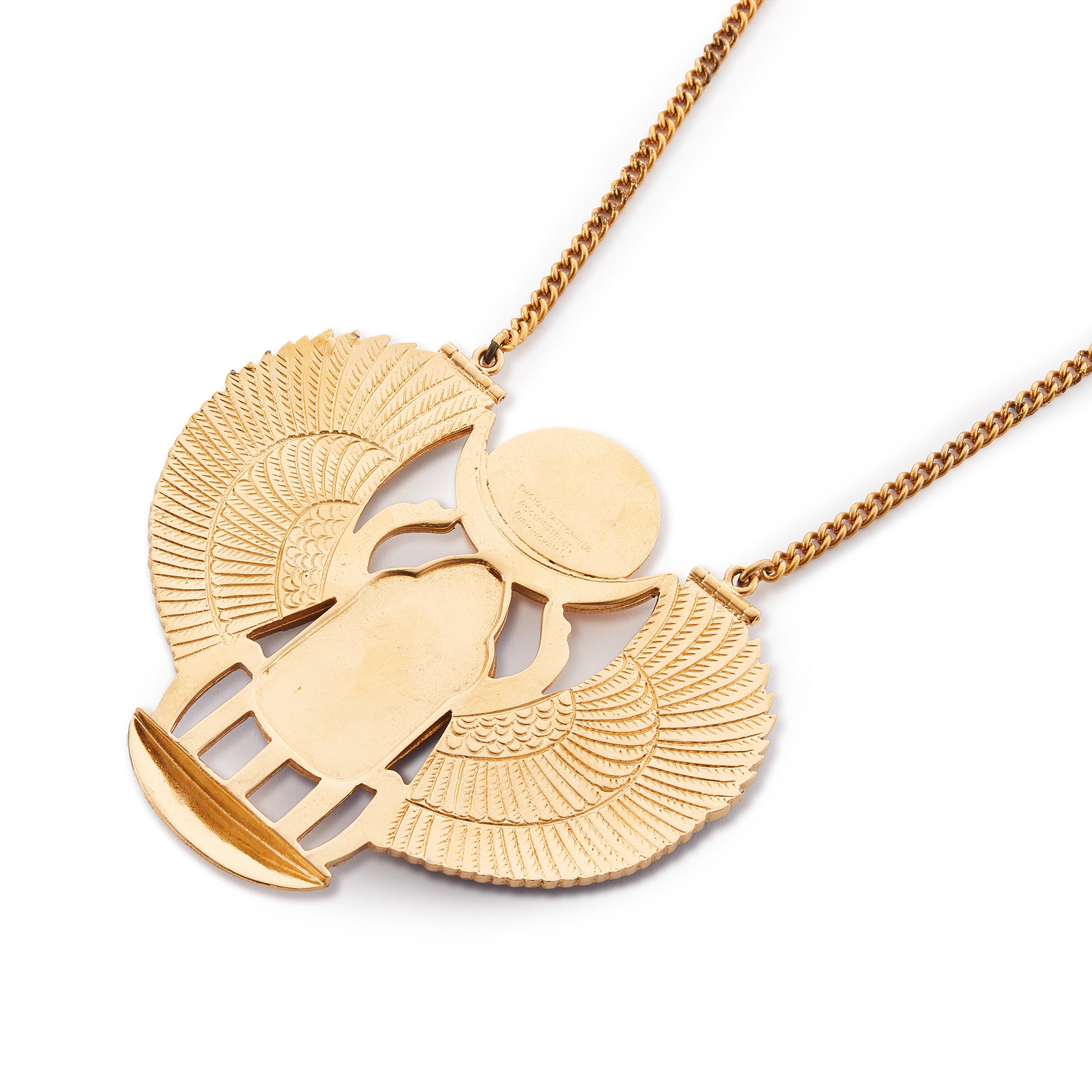 Unusual vintage Egyptian Revival necklace set with a large resin scarab that has colourful enamel detail on the wings. Gold-plated on base metal.