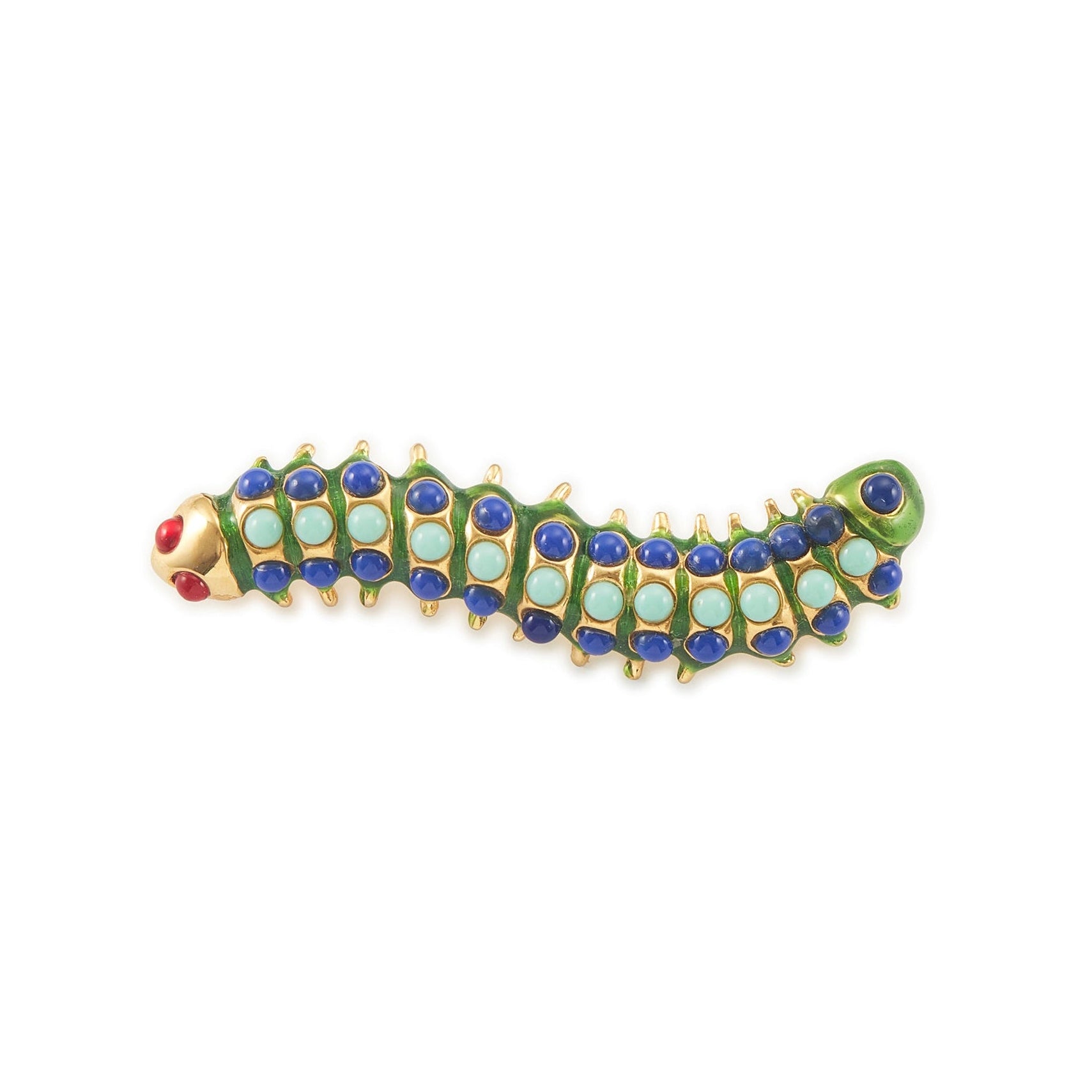 Whimsical Kenneth Jay Lane caterpillar insect brooch with vibrant green enamelling and colourful faux gemstones. A real conversation starter! 