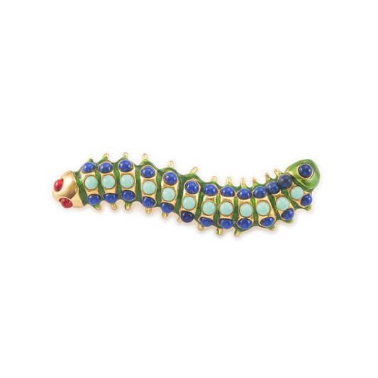 Whimsical Kenneth Jay Lane caterpillar insect brooch with vibrant green enamelling and colourful faux gemstones. A real conversation starter! 