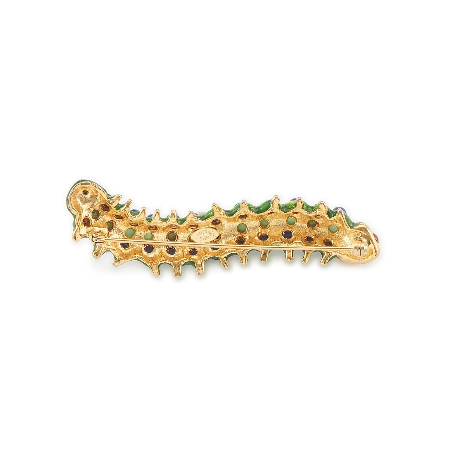 Whimsical Kenneth Jay Lane caterpillar insect brooch with vibrant green enamelling and colourful faux gemstones. A real conversation starter! 