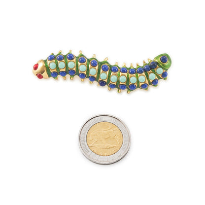 Whimsical Kenneth Jay Lane caterpillar insect brooch with vibrant green enamelling and colourful faux gemstones. A real conversation starter! 