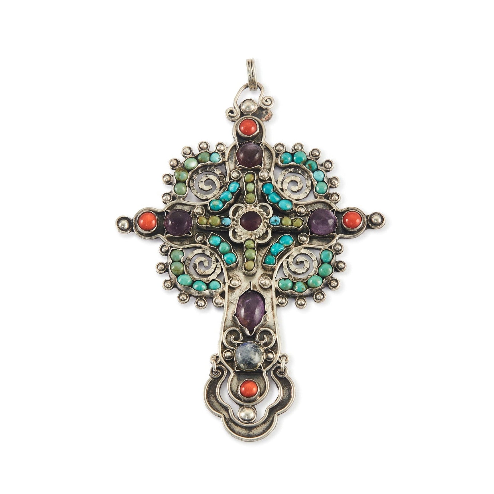 Exquisite Matl-style vintage sterling silver Mexican cross pendant with cabochon turquoise, coral, amethyst and moonstones. The cross is very large.
Maker: Morales