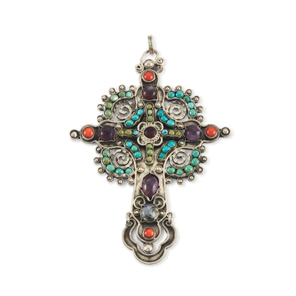 Exquisite Matl-style vintage sterling silver Mexican cross pendant with cabochon turquoise, coral, amethyst and moonstones. The cross is very large.
Maker: Morales