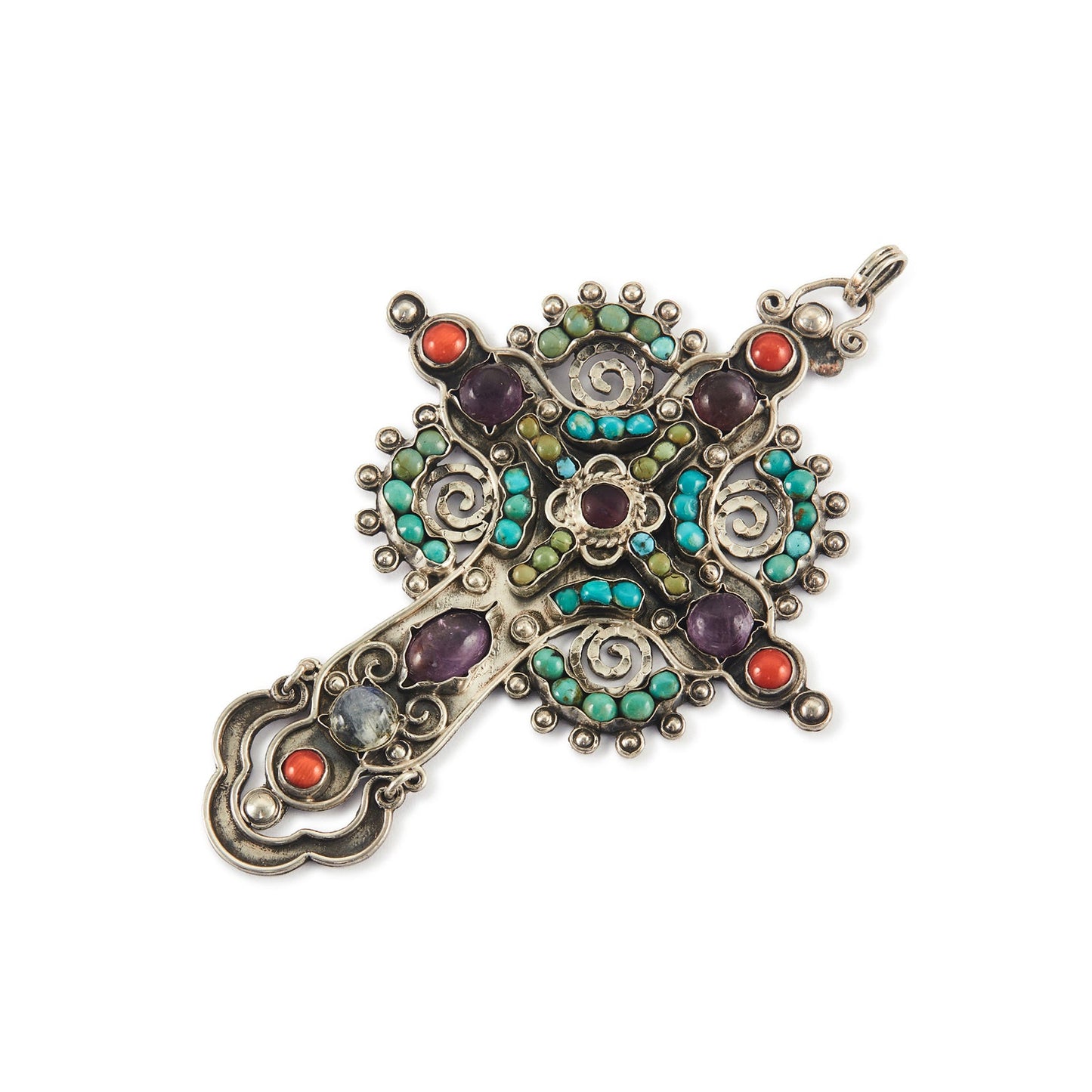 Exquisite Matl-style vintage sterling silver Mexican cross pendant with cabochon turquoise, coral, amethyst and moonstones. The cross is very large.
Maker: Morales