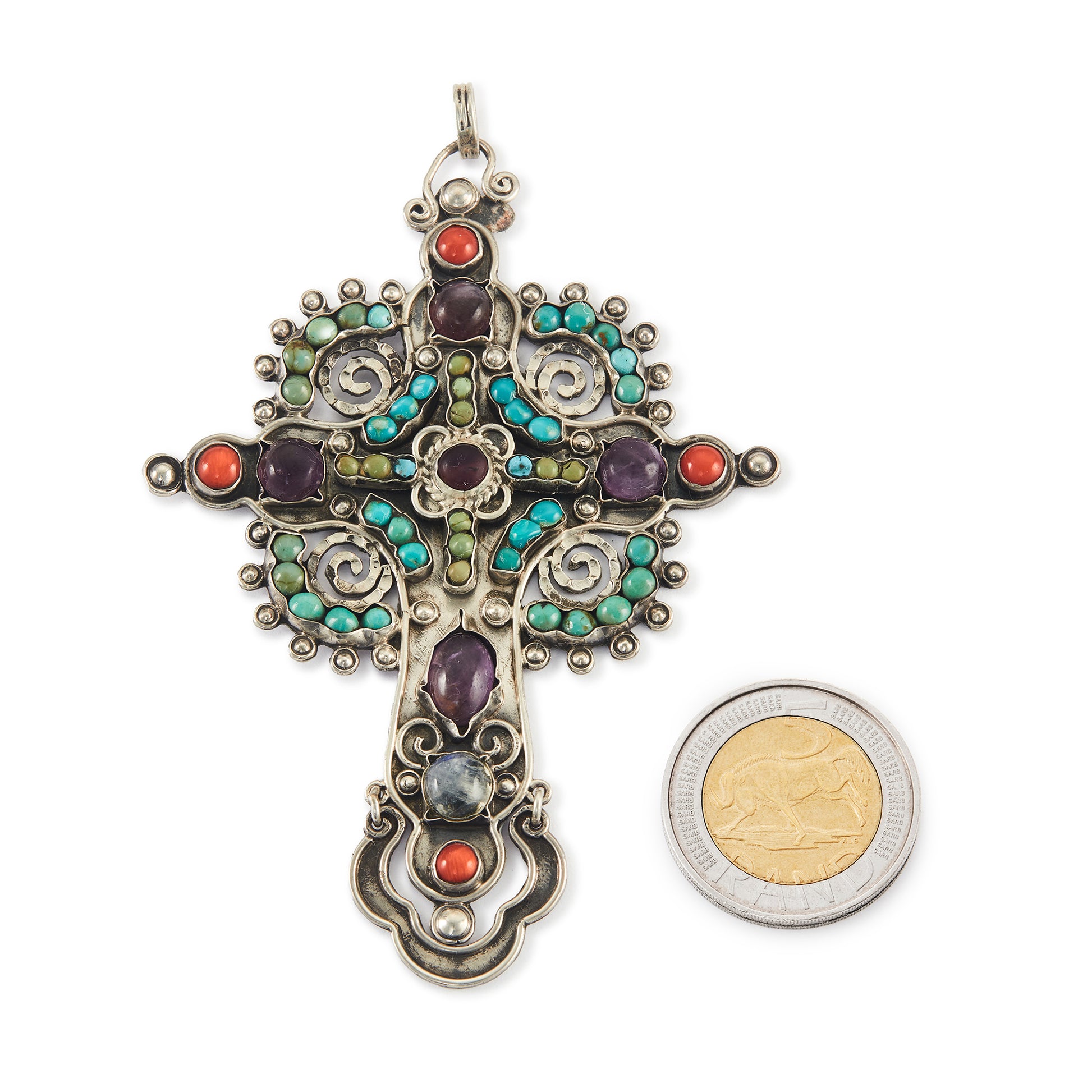 Exquisite Matl-style vintage sterling silver Mexican cross pendant with cabochon turquoise, coral, amethyst and moonstones. The cross is very large.
Maker: Morales
