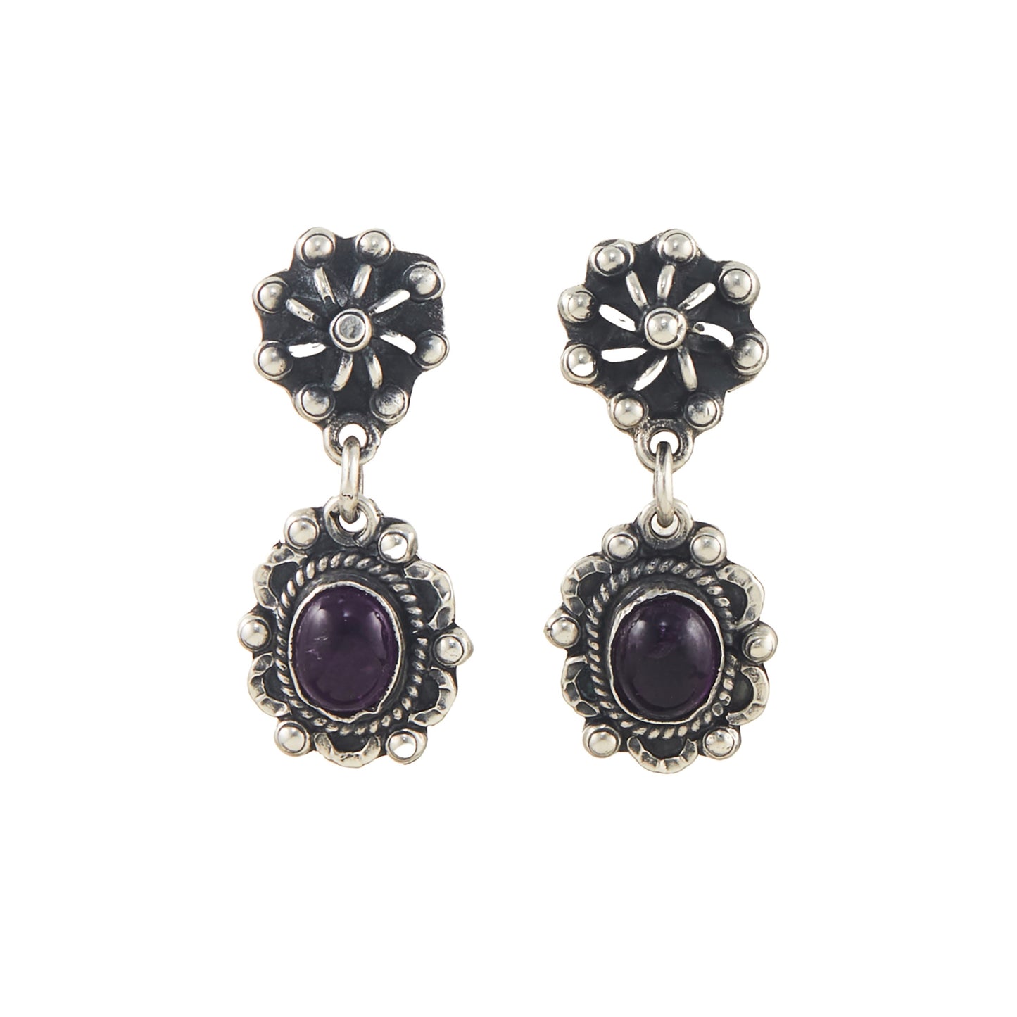 Lovely vintage oxidised sterling silver drop earrings, each set with an oval amethyst cabochon gemstone.