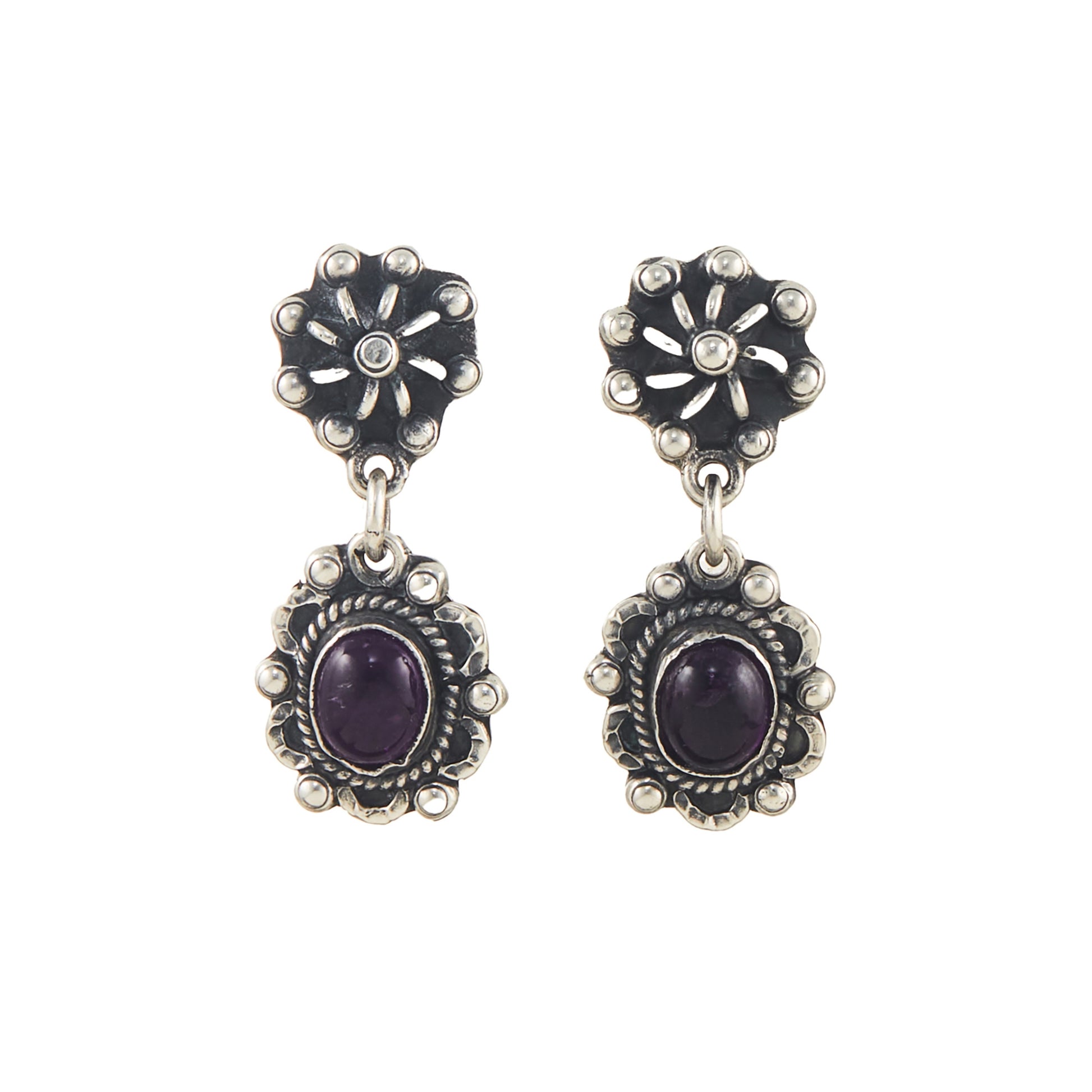 Lovely vintage oxidised sterling silver drop earrings, each set with an oval amethyst cabochon gemstone.