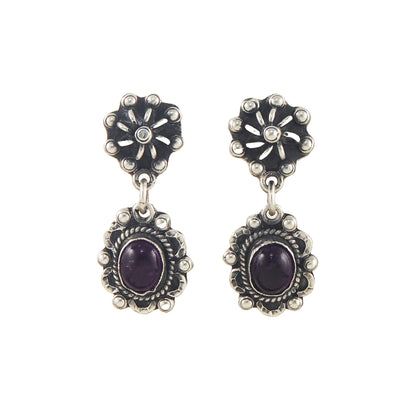 Lovely vintage oxidised sterling silver drop earrings, each set with an oval amethyst cabochon gemstone.