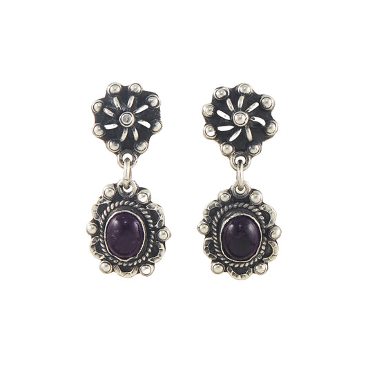 Lovely vintage oxidised sterling silver drop earrings, each set with an oval amethyst cabochon gemstone.