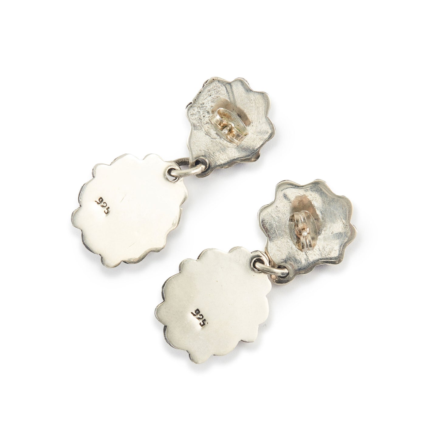 Lovely vintage oxidised sterling silver drop earrings, each set with an oval amethyst cabochon gemstone.